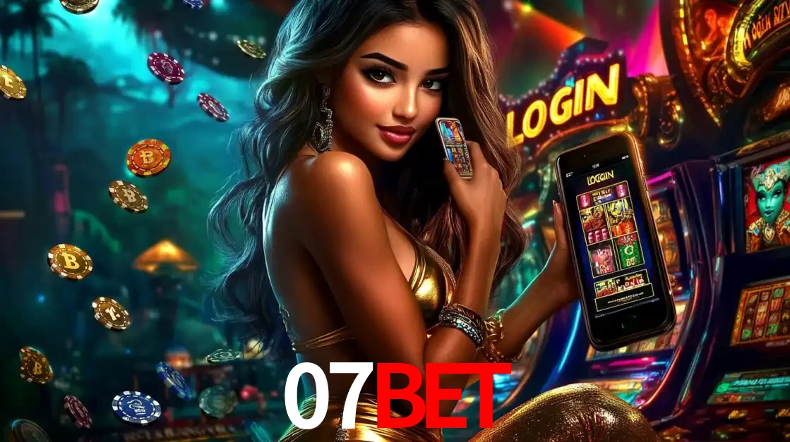 Mulher em um cenário de cassino temático de aventura, mostrando o app de caça-níqueis da 07BET no celular. Fichas de apostas flutuam ao redor.
