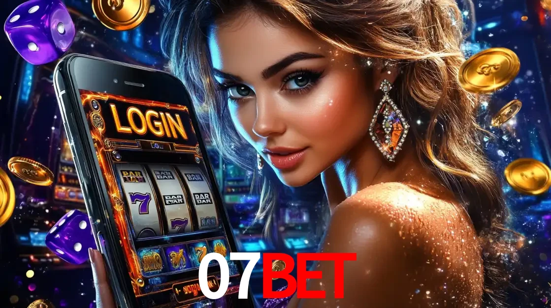 Mulher glamorosa segurando um smartphone com a tela de login para os jogos de caça-níqueis do cassino online 07BET, com moedas de ouro e dados ao redor.