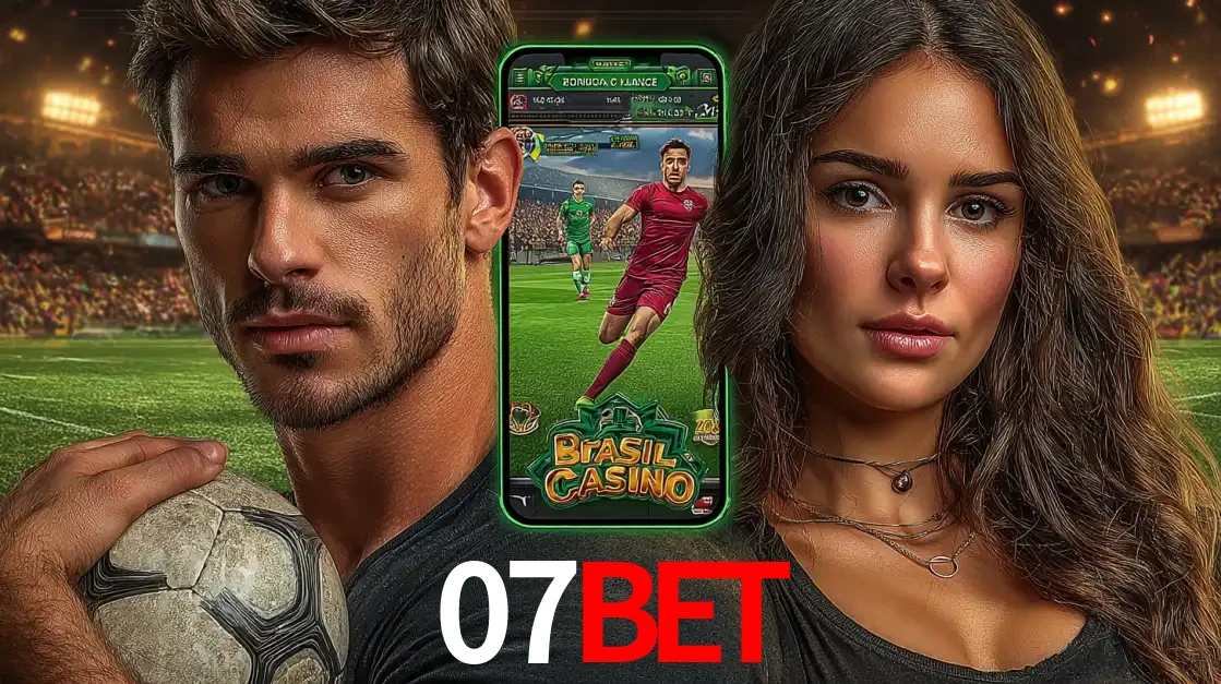Homem segurando uma bola de futebol e uma mulher ao lado de um smartphone exibindo o jogo de apostas esportivas da 07BET. Faça seu palpite no cassino online.